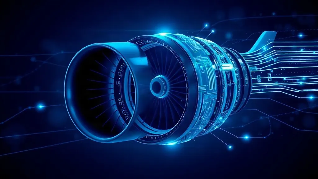 A jet engine surrounded by abstract glowing data threads, symbolizing AI embedded in aviation maintenance and operations.
