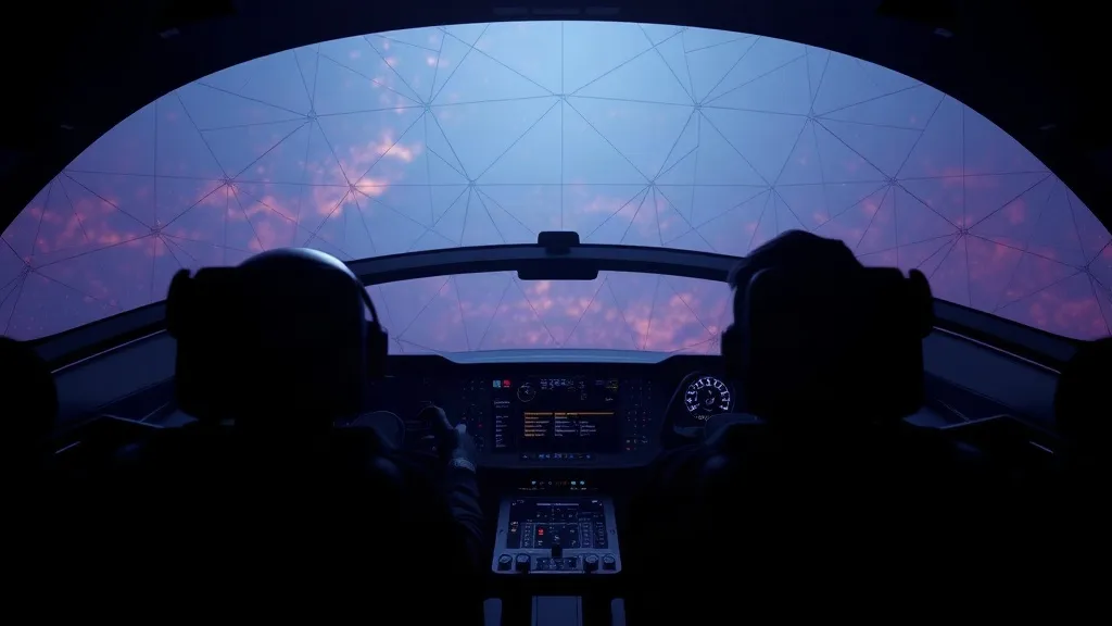 Abstract layered geometric patterns over a cockpit silhouette symbolizing AI risk assessment in aviation safety systems.