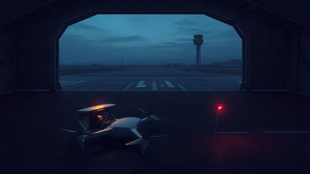 A drone aircraft in a hangar beside an open flight recorder casing at dusk, evoking unresolved questions about AI safety assurance.