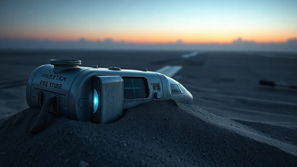 A scorched flight data recorder half-buried on an empty foggy runway at dusk.