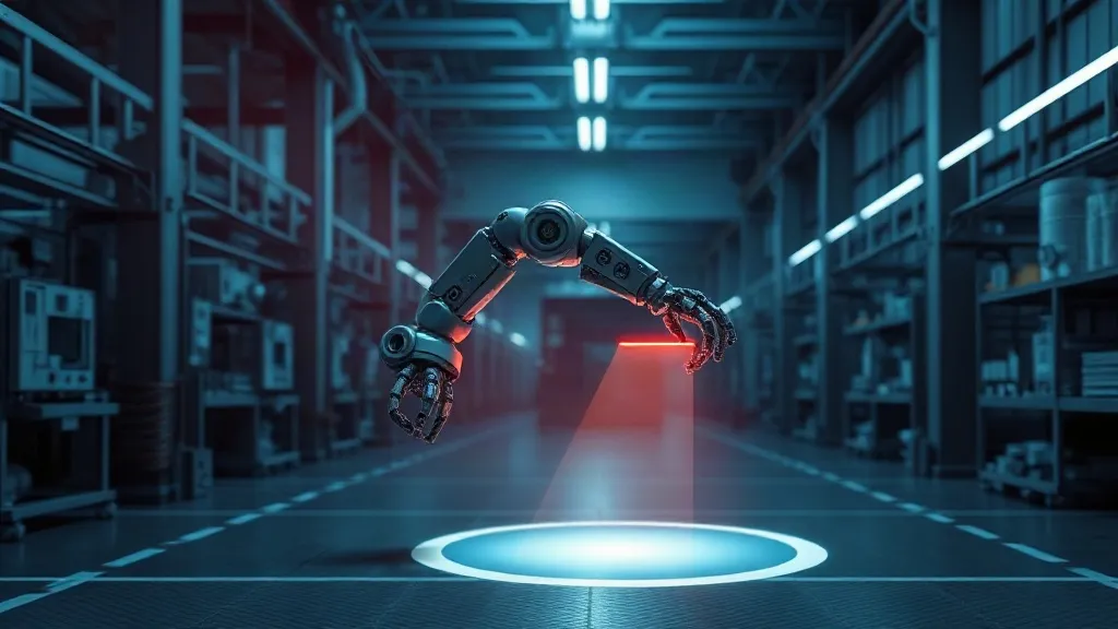 An industrial robotic arm operating within a visible boundary of light on a factory floor, symbolizing bounded authority in physical AI.