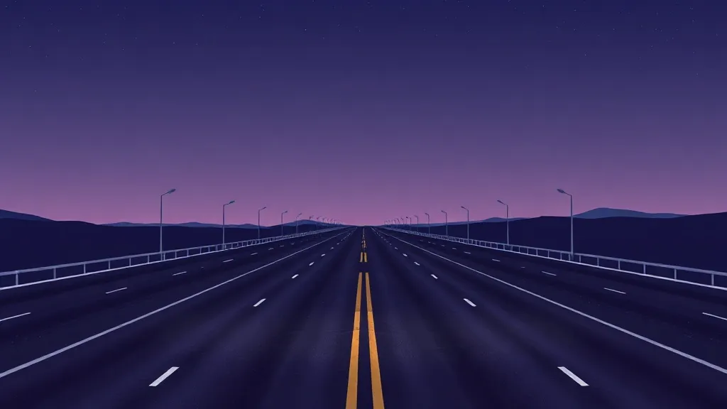 Two diverging highway lanes at dusk, one illuminated and one dim, leading toward an empty horizon.