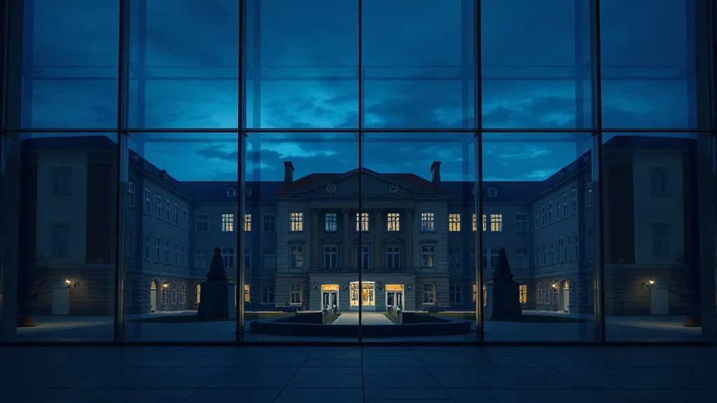 Four misaligned glass panels of light across a university quad at dusk, symbolizing fragmented AI governance across one campus system