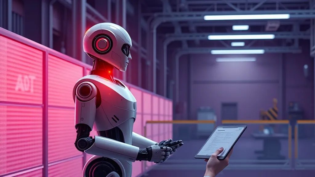 A humanoid robot working near a safety light curtain on a factory floor while an engineer reviews certification documents.