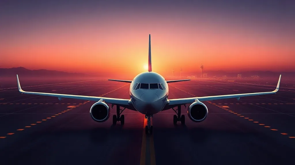A commercial jet on a runway at dawn connected by faint glowing lines to distant control towers, symbolizing regulatory pathways to market access.