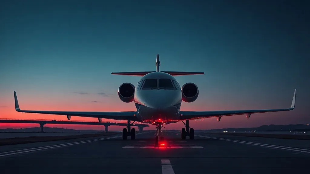 A business jet on a runway with abstract light trails converging toward the cockpit, symbolizing AI data feeding into flight decisions.