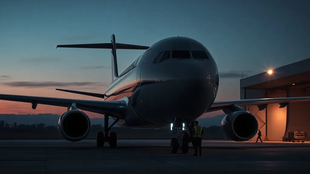 A cargo aircraft in a hangar at dusk with a faint digital overlay across its fuselage, symbolizing autonomous flight AI integration into a certified airframe.