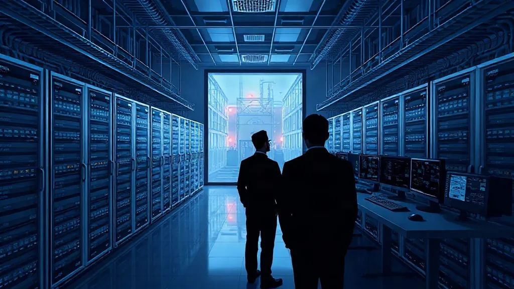 A dim industrial control room with server racks and a distant electrical substation, symbolizing AI systems approaching critical infrastructure control loops.