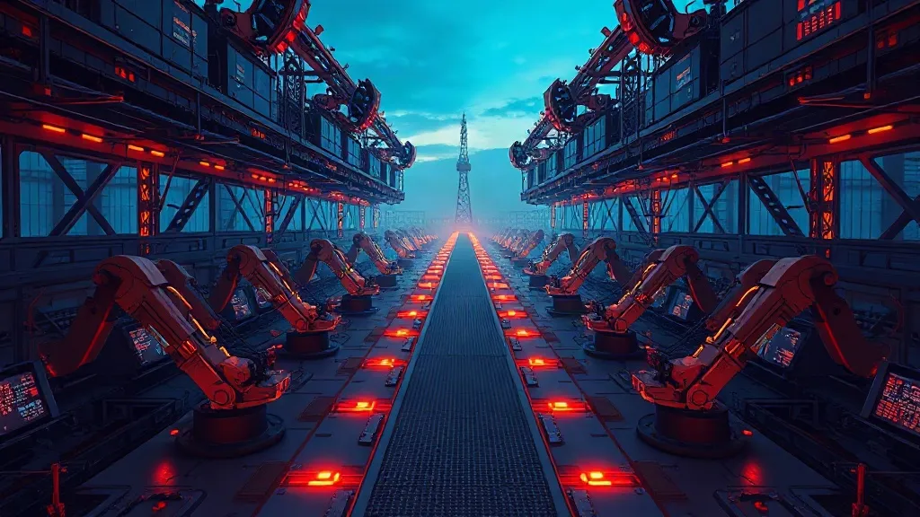 Industrial robotic arms on a factory floor connected by glowing conduits converging toward a distant control structure.