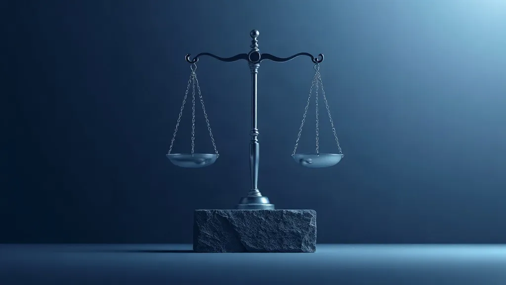 Abstract image of scales balancing a glowing data network against a solid stone block, symbolizing financial guarantees weighed against governance evidence.