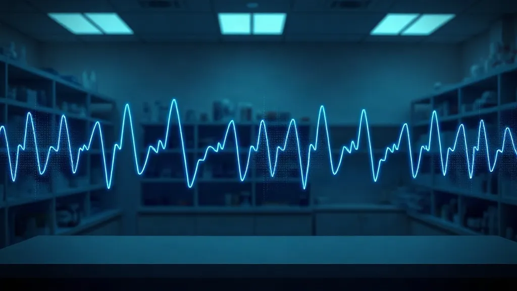 Abstract image of a heartbeat waveform merging with pharmacy shelves to represent AI moving from device clearance into clinical practice.