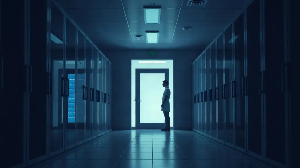 A glowing server rack seen through frosted glass from a hospital corridor, symbolizing the divide between infrastructure architecture and clinical decision-making.