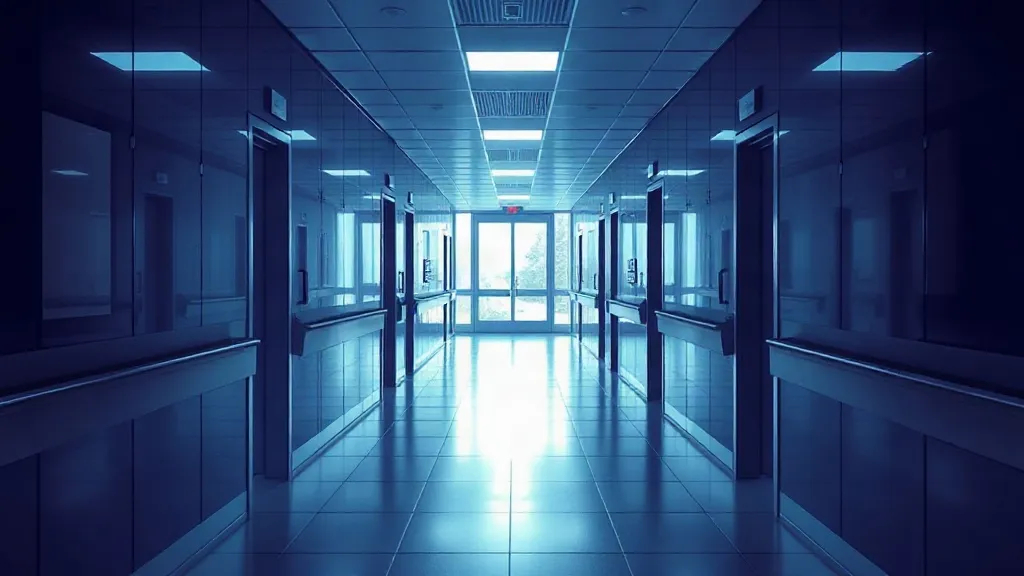 Abstract image of a hospital corridor dividing into a contained, lit path and an open, dim path, symbolizing governed versus ungoverned AI deployments.