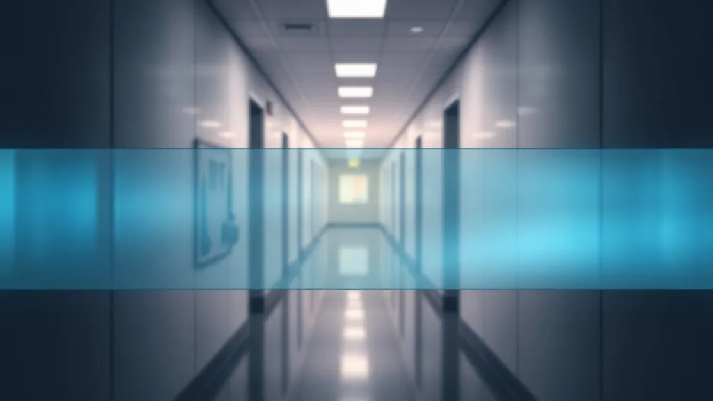A translucent boundary of light dividing a hospital corridor, symbolizing the uneven regulatory perimeter around clinical AI.