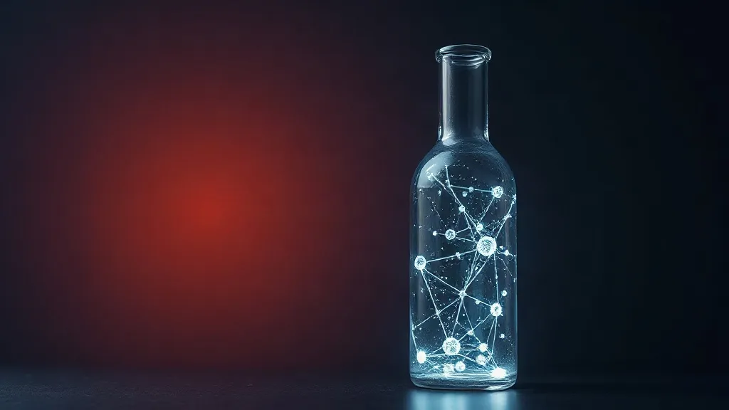 A glowing network of light connects a laboratory vial to abstract molecular structures, symbolizing AI woven into drug discovery.