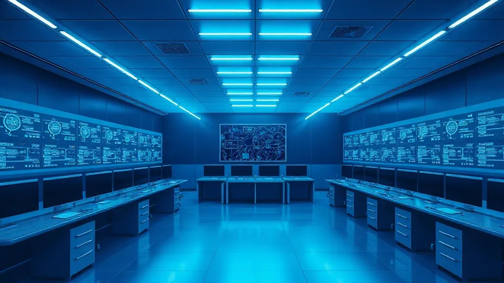 Abstract clinical trial operations center with streams of light connecting monitoring stations, symbolizing ungoverned AI coordination across trial execution.