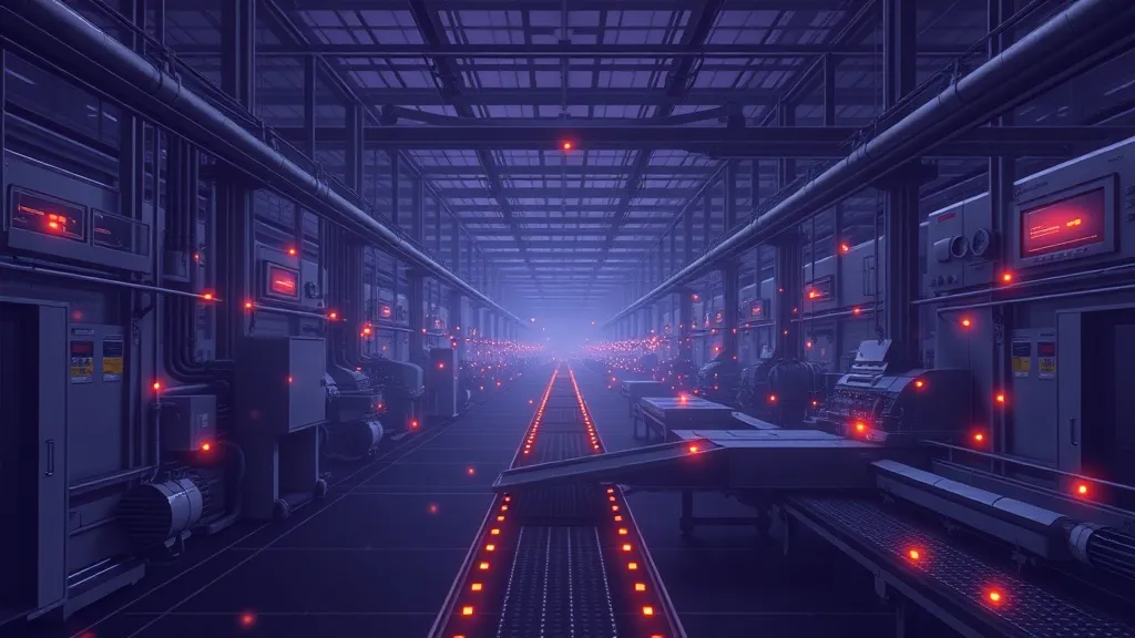 An industrial plant floor overlaid with a faint glowing grid representing an invisible AI control and monitoring layer.