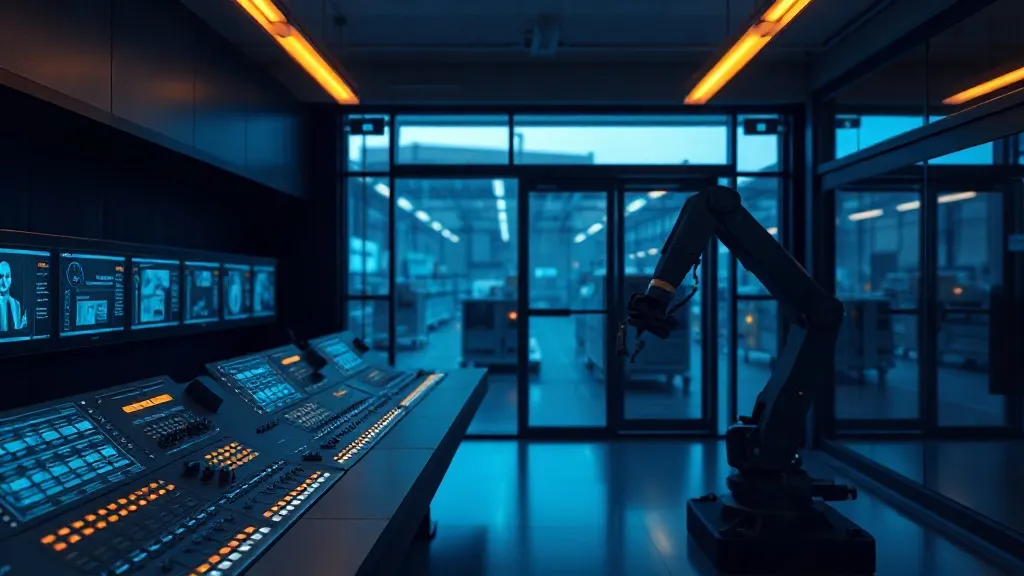 An industrial control room with glowing indicator lights overlooking a factory floor where a robotic arm operates.