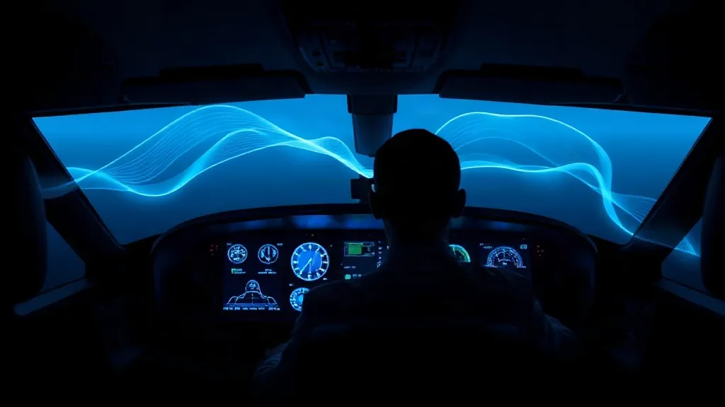 Silhouette of a pilot in a dimly lit cockpit with an abstract glow of light suggesting an AI system overlaying the instruments.