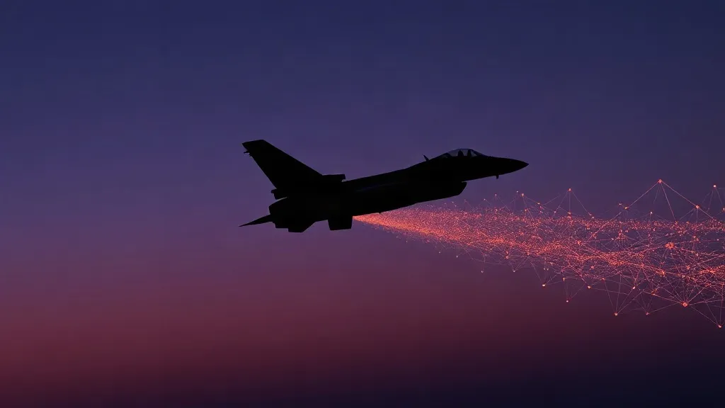 A fighter jet trailing a dissolving web of glowing connected nodes across a dusk sky, symbolizing AI decisions outpacing documentation.