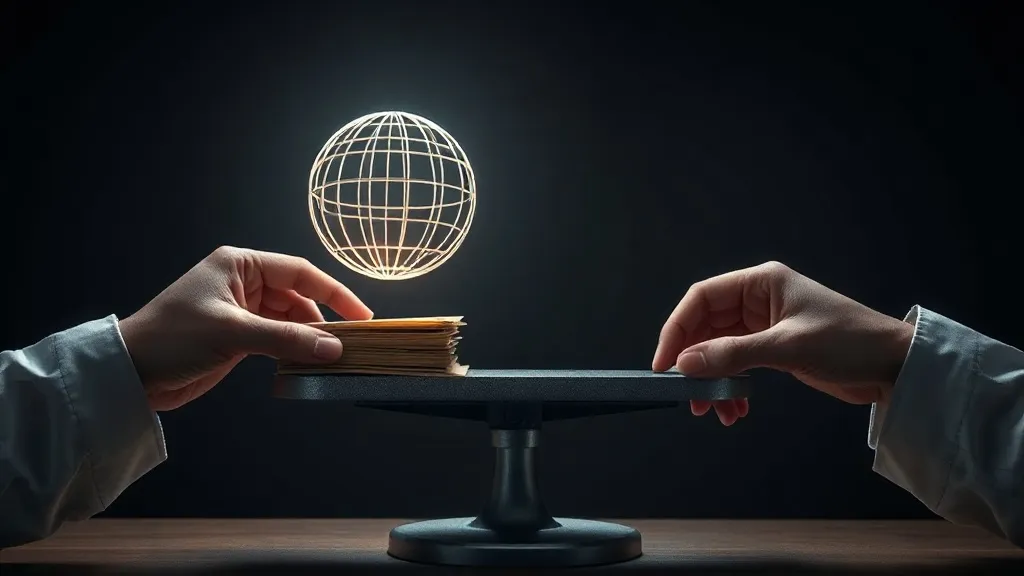 A hand balances a scale between a stack of paper files and a shifting glowing sphere, symbolizing documentation valued against an unsettled standard.