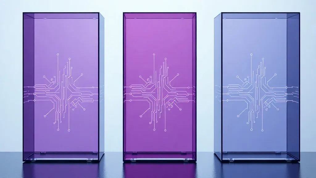 Three tinted glass panes with faint internal patterns, symbolizing diverging regulatory views of the same technology.