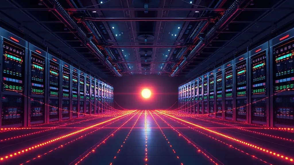 Industrial control room with server racks and turbine machinery connected by glowing data lines converging into a single node.