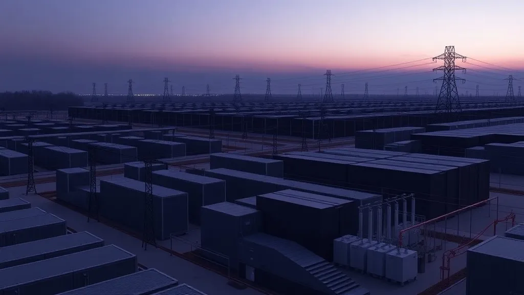 AI data center campus connected to a microgrid of battery storage and transformer equipment at dusk.