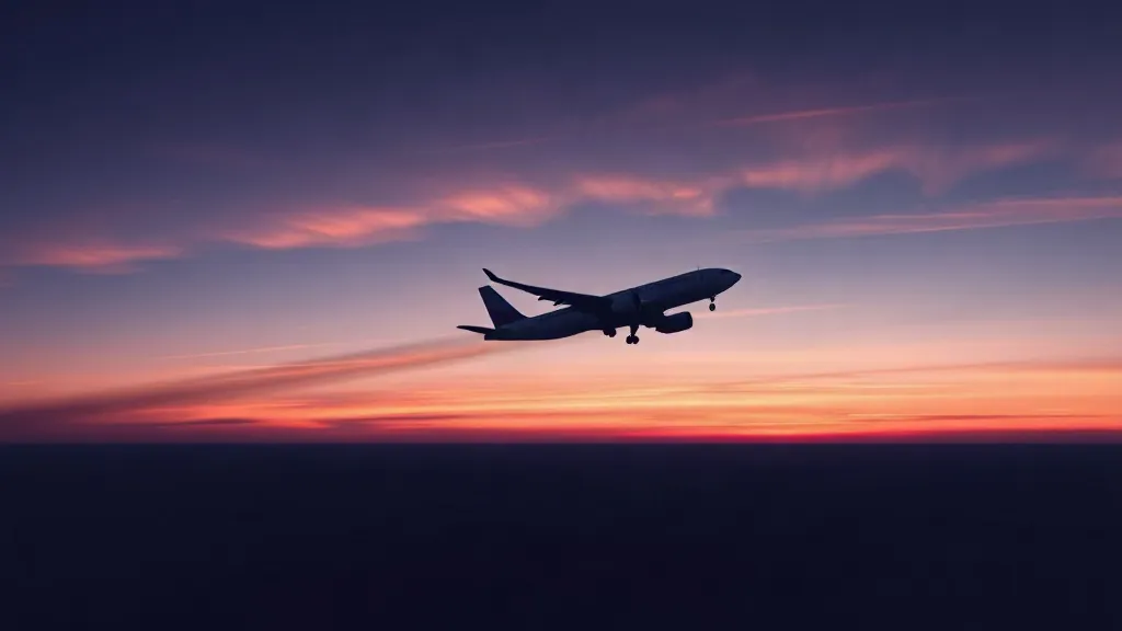 An aircraft contrail dissolving into abstract atmospheric streaks over open ocean at dawn