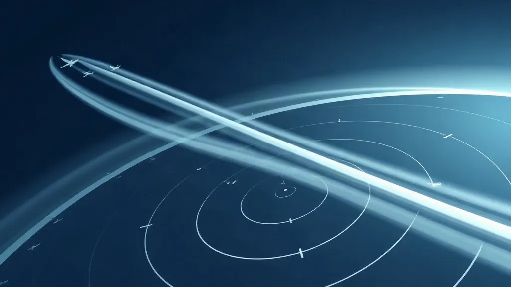 Abstract image of aircraft contrails fading above a radar-like pattern in the sky