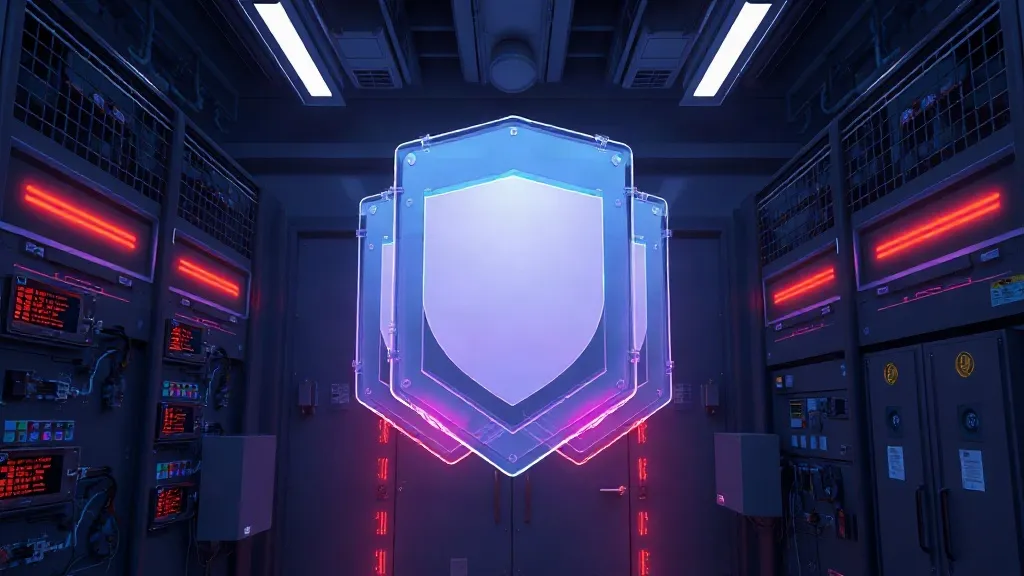 Translucent shield-like layers hovering over industrial machinery in a control room, symbolizing overlapping cybersecurity obligations.