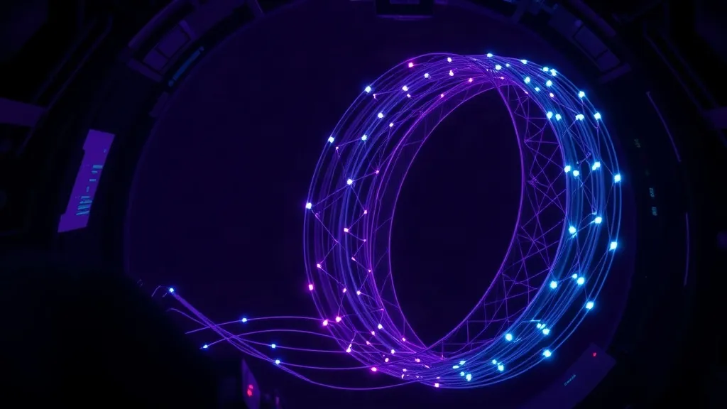 Magnetic recording tape dissolving into a network of light inside a darkened cockpit silhouette