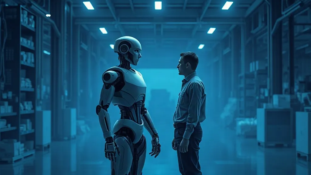 A humanoid robot and a human worker standing close together on a factory floor with no physical barrier between them.