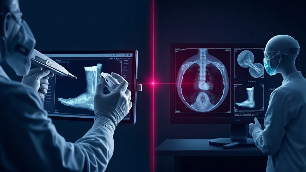 Split image showing a non-specialist technician capturing an ultrasound scan on one side and a remote physician interpreting it on the other, linked by a data connection.
