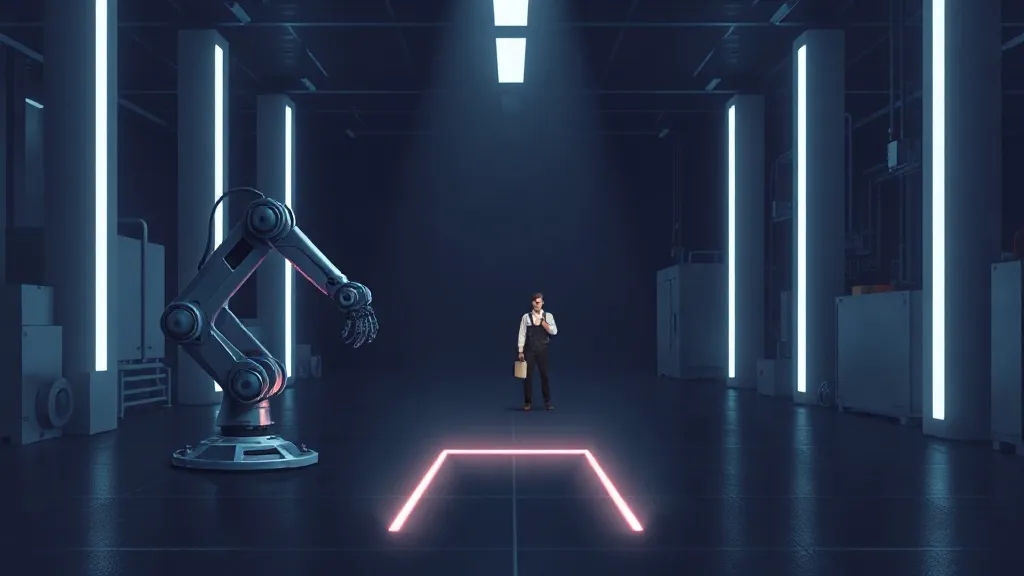 A factory robot and human worker stand on opposite sides of a glowing floor boundary, symbolizing a safety envelope between automated and human work zones.