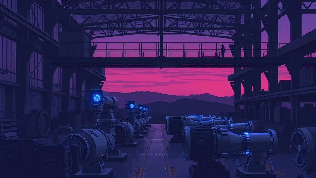 Robotic inspection arms scan aerospace components in a warehouse while a human observer watches from an elevated catwalk.