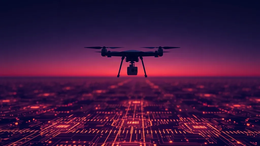 Silhouette of a delivery drone hovering over an illuminated circuit-board landscape at dusk.