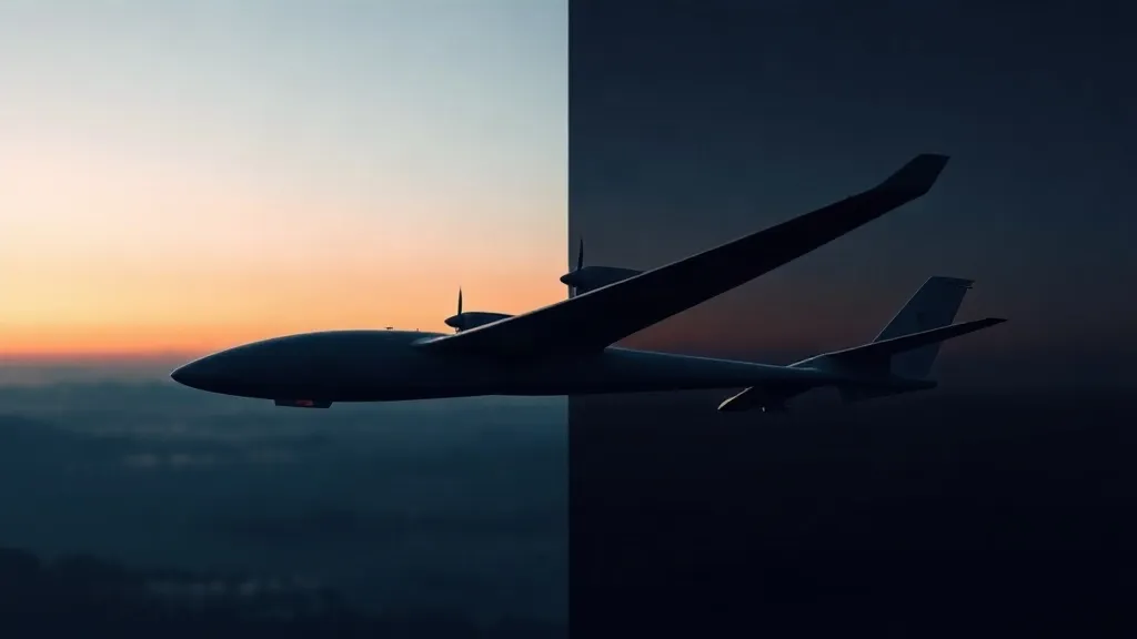 An electric glider aircraft with ducted fans depicted against a sky split between civilian blue and military dusk tones.