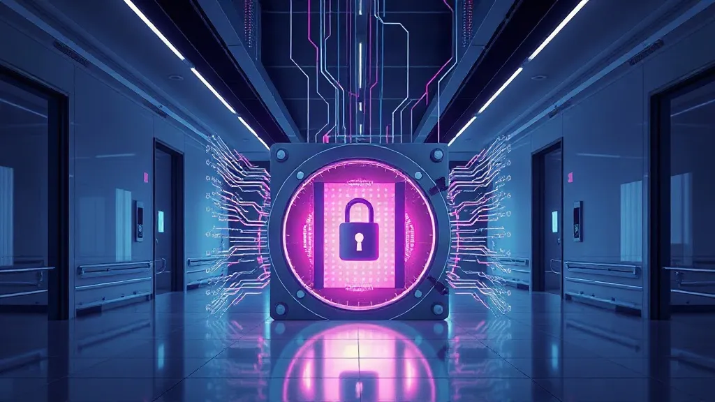 Abstract rendering of data pathways funneling into a layered, locked structure inside a hospital setting, symbolizing contested control over AI data access.