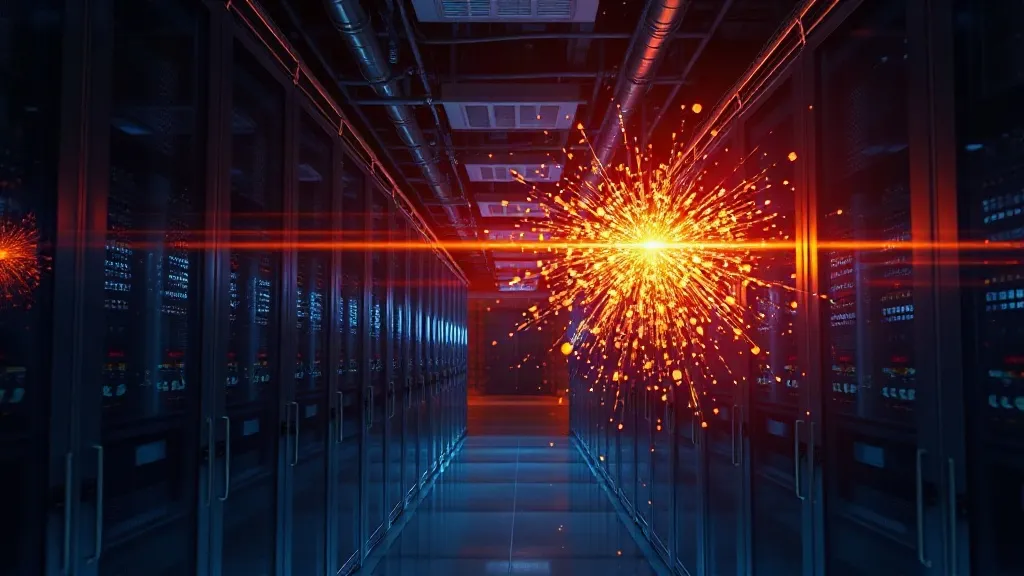 Abstract image of branching data streams in a server corridor, with one stream fracturing into scattered light to symbolize a data breach.