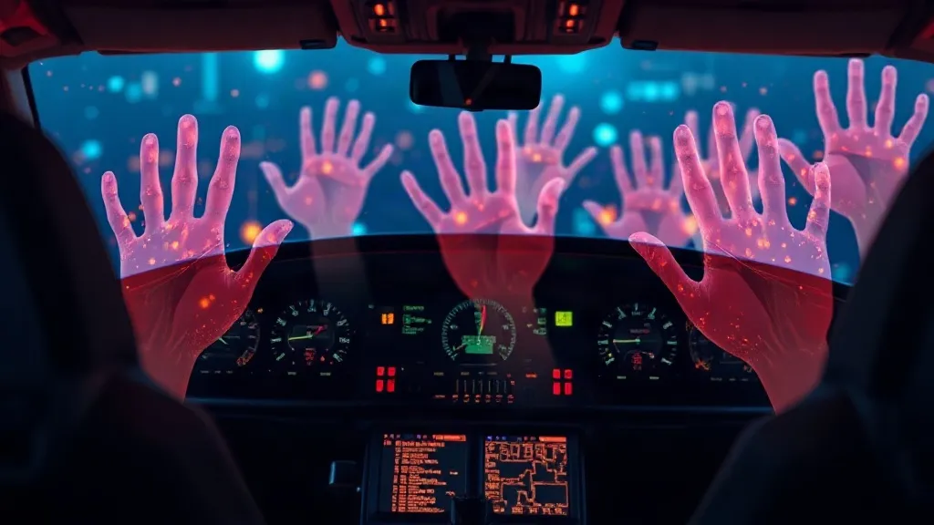 Abstract image of a cockpit panel merging with layered human handprints and circuit-like light patterns, symbolizing shared human-machine accountability in flight.