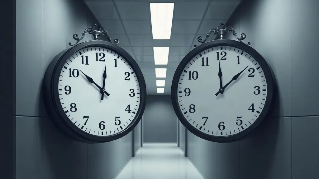 Two blank-faced clocks set at different times facing each other in a sterile laboratory corridor, symbolizing divergent regulatory timelines.