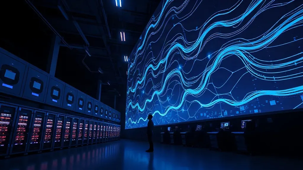A lone engineer stands before a wall of glowing grid data streams in a dark data center, dwarfed by autonomous energy systems.