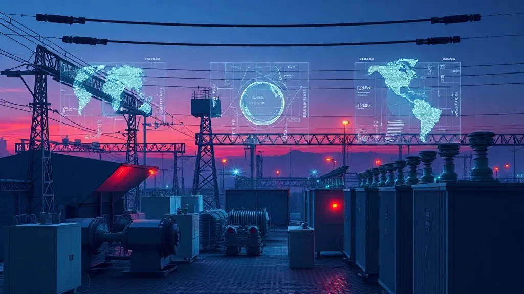 An industrial substation at dusk with digital grid data overlays suggesting AI-managed energy infrastructure.