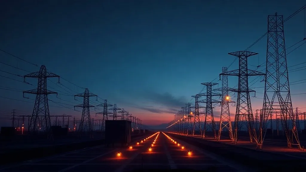 Transmission towers at dusk with a faint digital grid overlay drifting out of alignment with the physical power lines.