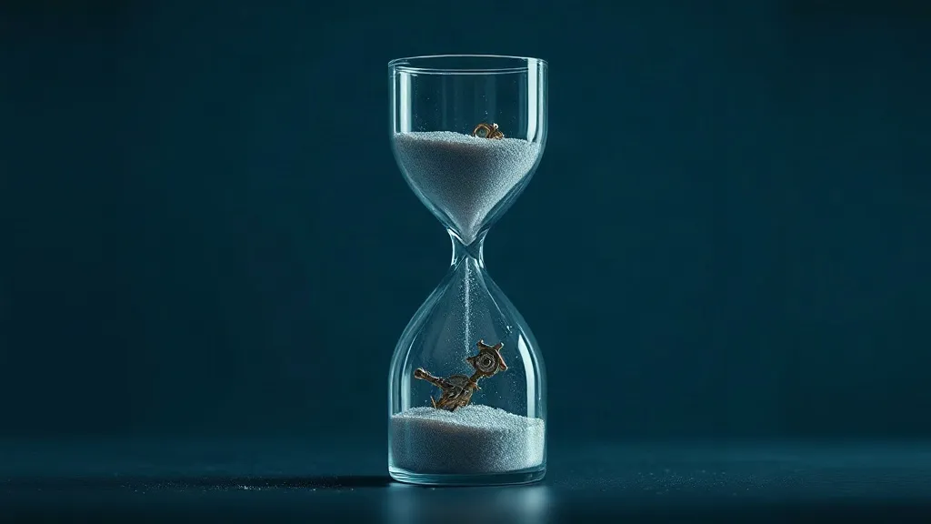 An hourglass with mechanical device fragments suspended in falling sand, symbolizing a regulatory deadline that has shifted but not disappeared.