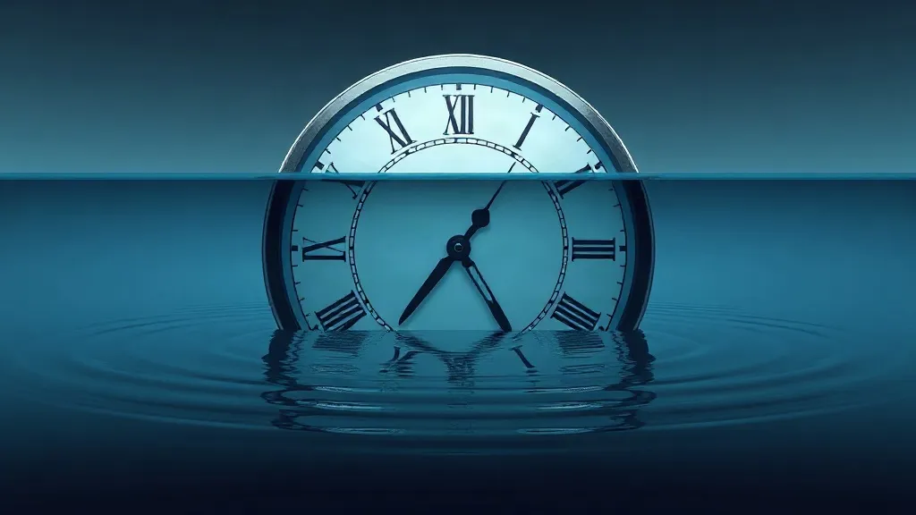 A clock partially submerged in water with its gears exposed, symbolizing a regulatory deadline that has moved but not disappeared.