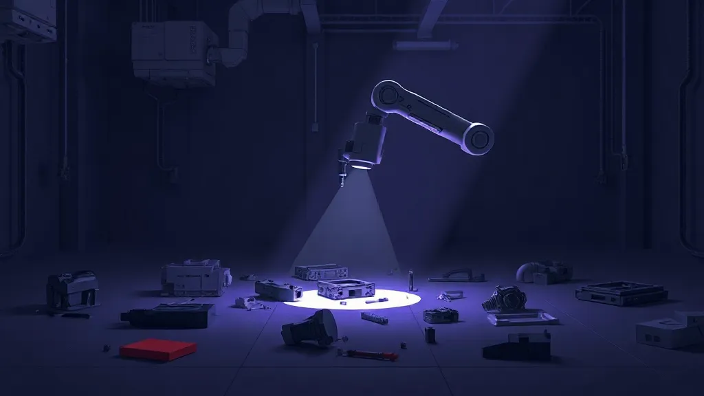 A robotic arm sweeps sensor light across an industrial floor in low ambient lighting, evoking automated safety monitoring.