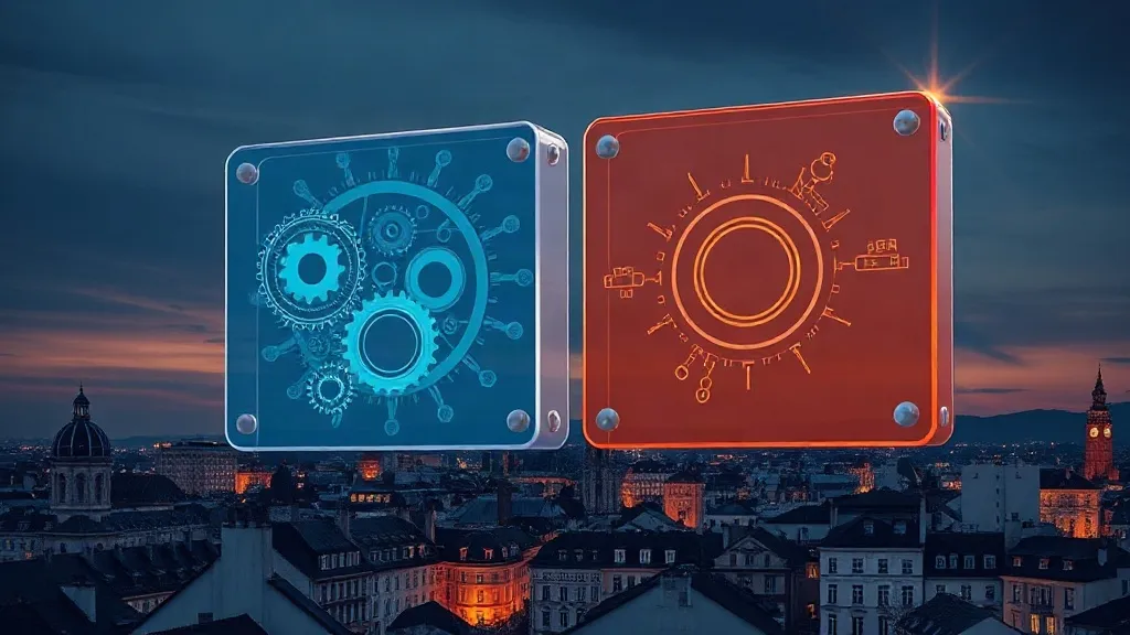 Two overlapping translucent regulatory frameworks depicted as intersecting glass panels above a European skyline.