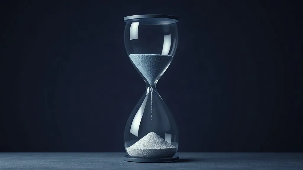 A multi-layered glass hourglass with sand suspended between tinted panes, symbolizing a regulatory grace period built from stacked compliance layers.